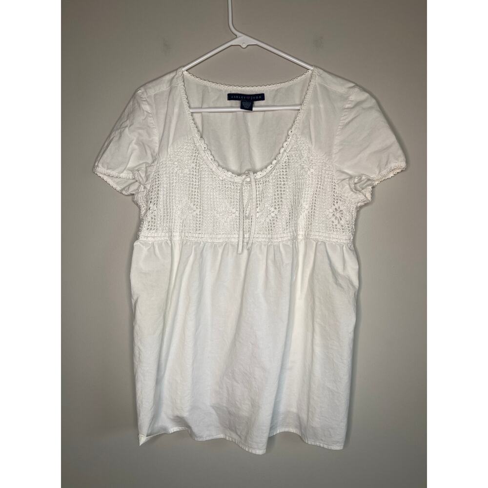 2000s Y2K Ashley Judd White Crochet Festival Boho Western Rodeo Babydoll Top L
